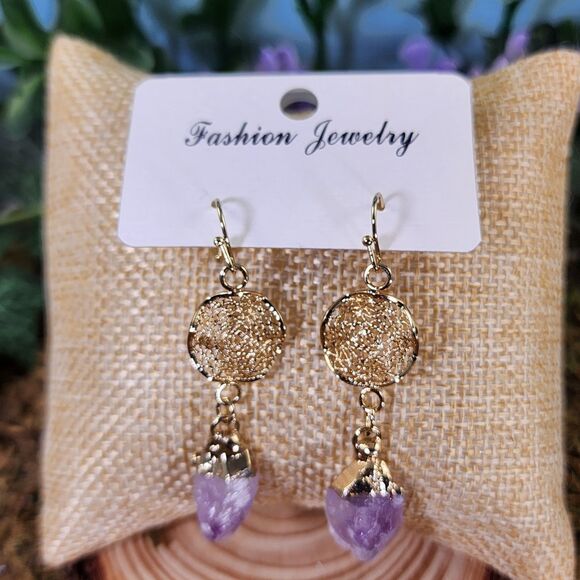 18K Gold Plated Amethyst Dreamcatcher Earrings #2 - Picture 1 of 1